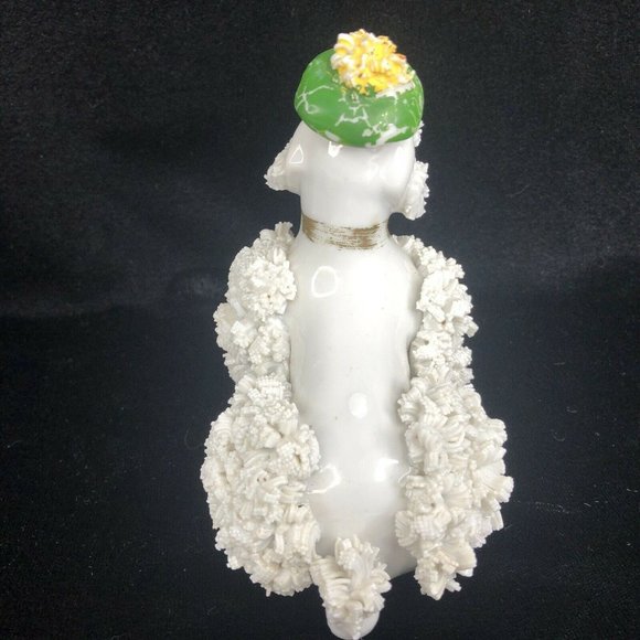 2 Vintage White Porcelain Spaghetti Poodle Dogs Wearing Green Beret Hat Figurine - Picture 10 of 12